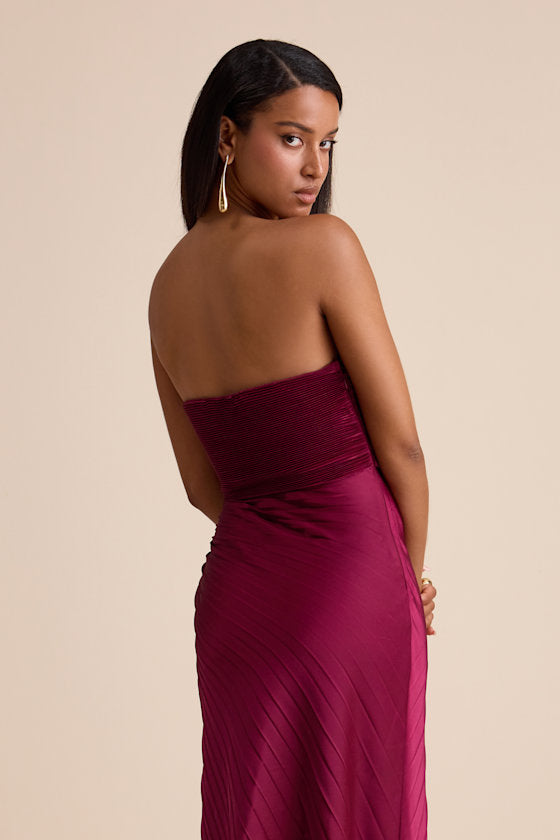 Nyrah Berry Red Satin Pleated Strapless Maxi Dress