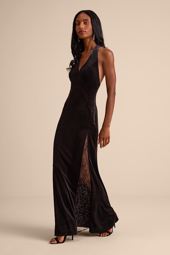 Calisto Black Velvet Halter Mermaid Maxi Dress