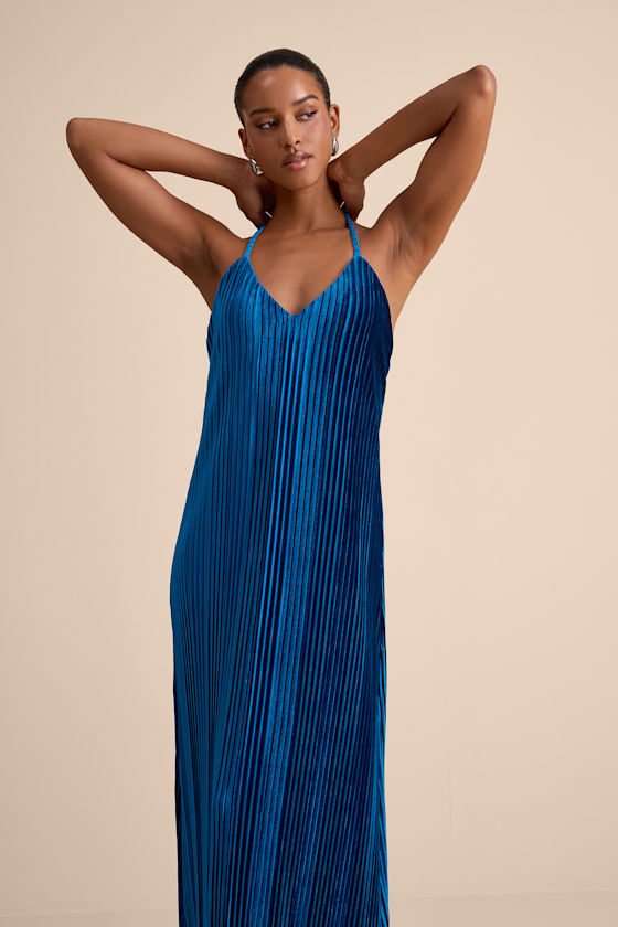 Kauri Dark Teal Blue Velvet Pleated Backless Maxi Dress