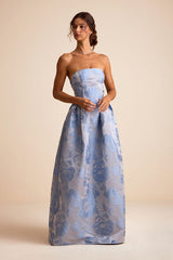 Laurelin Slate Blue Floral Jacquard Pleated Strapless Maxi Dress