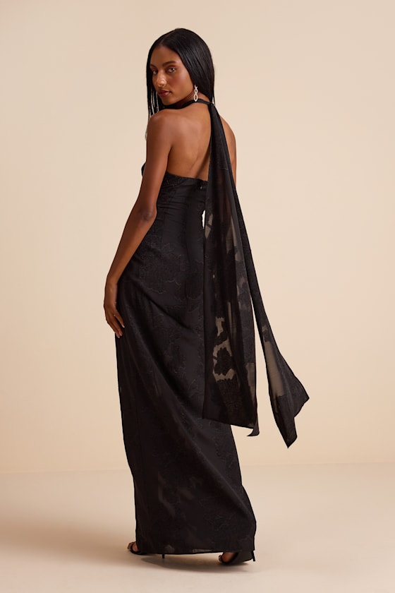 Mikani Black Burnout Halter Maxi Dress