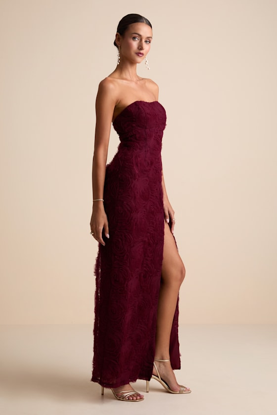 Amalia Burgundy Textured Strapless Maxi Dress