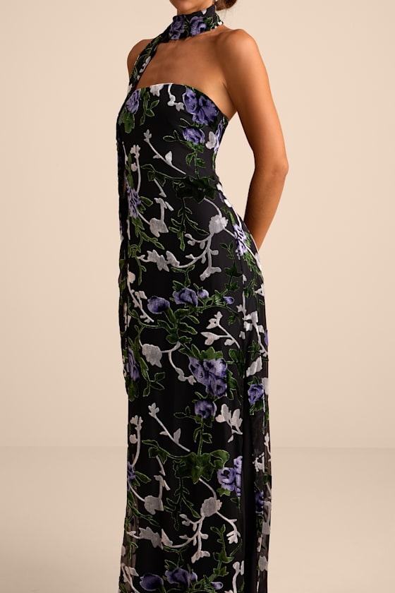 Corelia Black Floral Velvet Burnout Strapless Sash Maxi Dress
