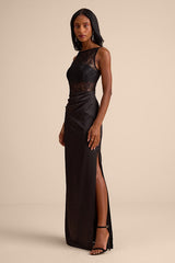 Akasha Black Sheer Lace Mixed-Media Maxi Dress