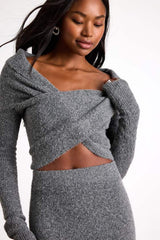 Alfina Grey Knit Cross-Front Cropped Sweater Top