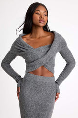 Alfina Grey Knit Cross-Front Cropped Sweater Top