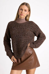Mariner Brown Marled Pierced Crew Neck Pullover Sweater