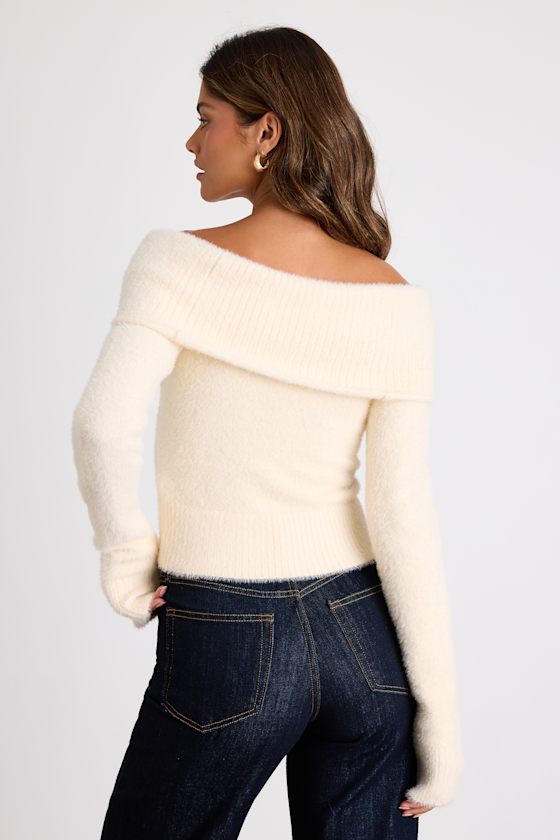 Ravenna Ivory Eyelash Knit Off-the-Shoulder Sweater Top