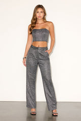 Lunelle Gunmetal Silver Lurex Sequin Strapless Crop Top