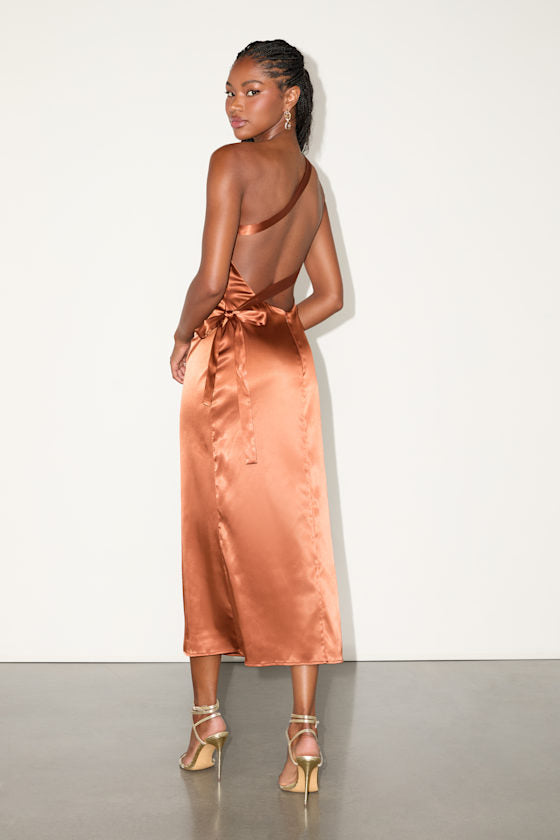 Yvonne Rust Orange Satin One-Shoulder Midi Dress