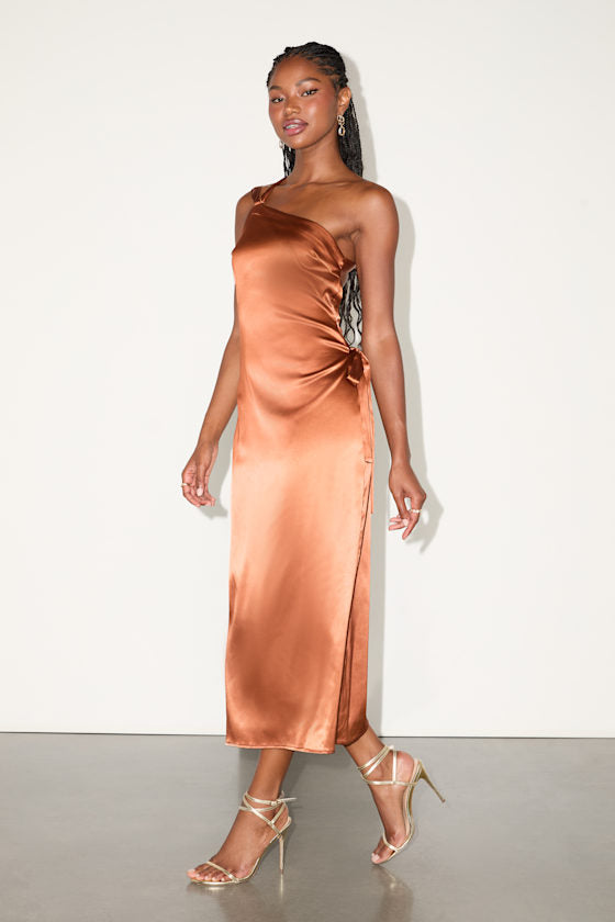 Yvonne Rust Orange Satin One-Shoulder Midi Dress
