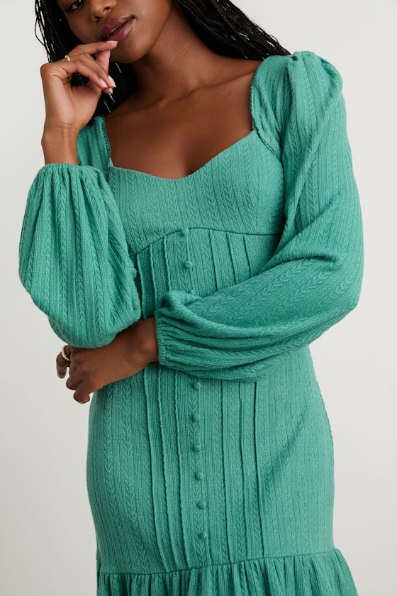 Coveted Sweetness Teal Pointelle Knit Long Sleeve Mini Dress