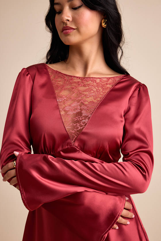 Emberlyn Rusty Rose Satin Lace Long Sleeve Mini Dress