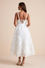 Perkins White Textured Lace-Up Corset Midi Dress