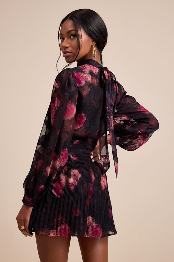 Ayveen Black Floral Burnout Balloon Sleeve Mini Dress