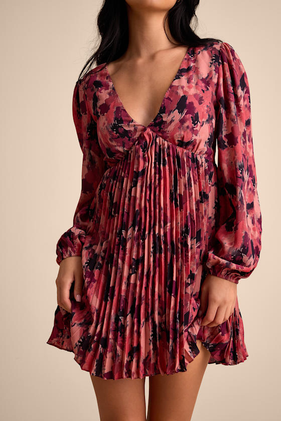 Lowri Pink Multi Abstract Long Sleeve Babydoll Mini Dress