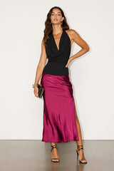 Chic Wishes Burgundy Satin Midi Skirt