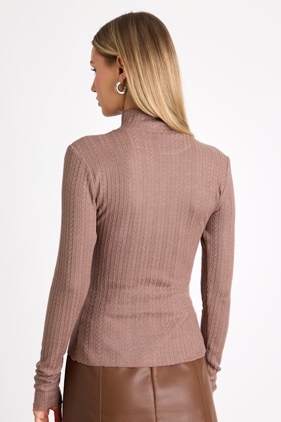 Idyllic Option Light Brown Pointelle Knit Mock Neck Sweater Top