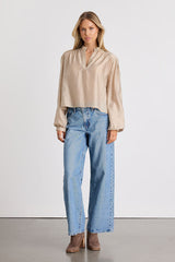 Zhena Beige Gathered Balloon Sleeve Top