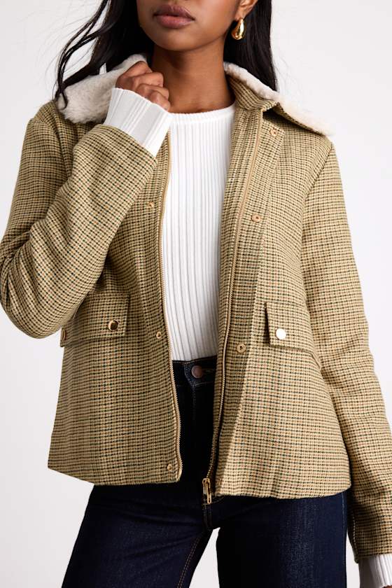 Bertie Beige Plaid Tweed Faux Fur Collar Jacket