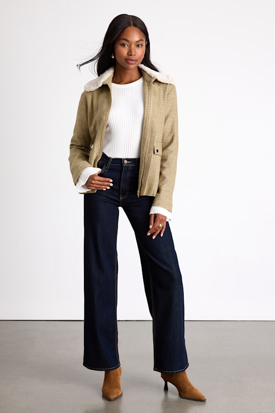 Bertie Beige Plaid Tweed Faux Fur Collar Jacket