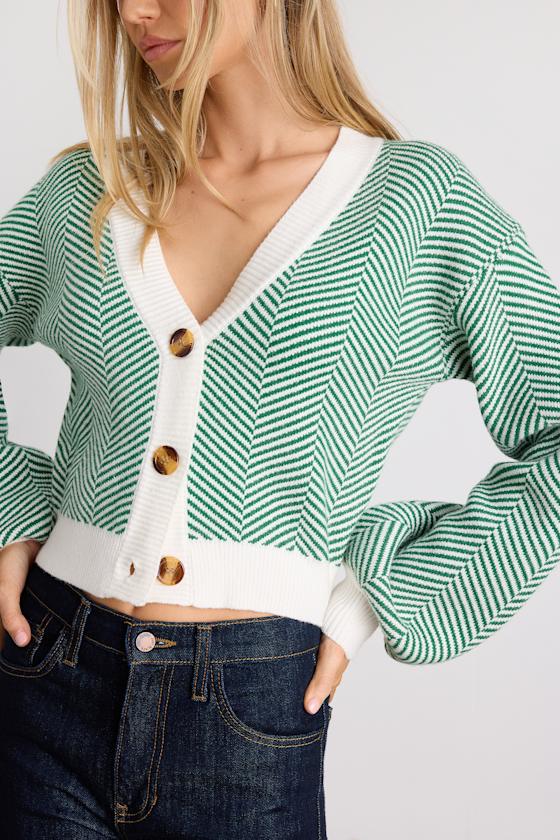 Here Comes a Holiday Green and White Striped Button-Up Cardigan