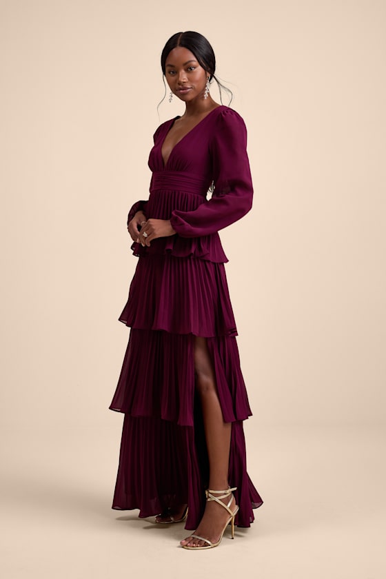Graceful Finesse Plum Pleated Long Sleeve Maxi Dress