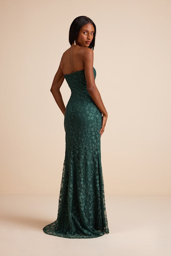Romantic Beauty Green Floral Embroidered Strapless Maxi Dress