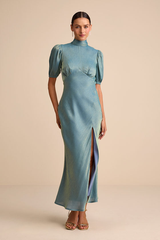 Talira Light Blue Satin Lurex Mock Neck Cutout Maxi Dress