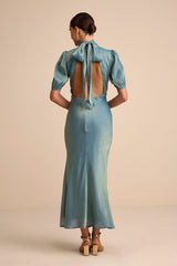 Talira Light Blue Satin Lurex Mock Neck Cutout Maxi Dress
