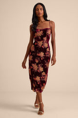 Erisa Burgundy Velvet Floral Burnout Midi Dress