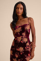 Erisa Burgundy Velvet Floral Burnout Midi Dress
