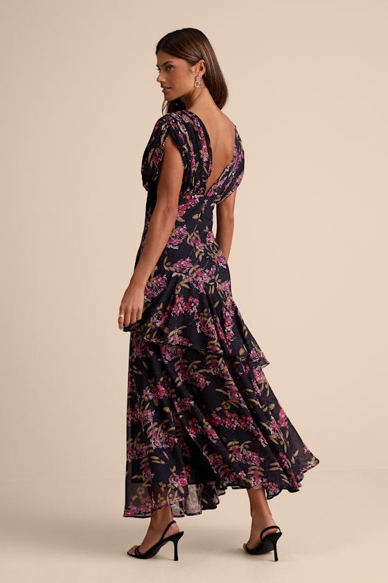 Wrenna Black Floral Gathered Tiered Maxi Dress