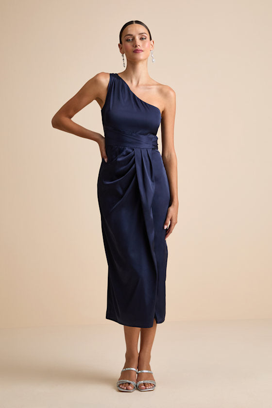 Rhema Navy Satin Midi Dress
