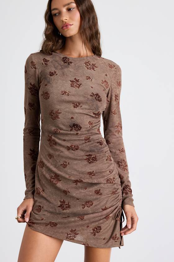 Laudie Light Brown Rose Print Ruched Mini Dress