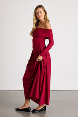 Sescca Wine Red Off-the-Shoulder Jersey Knit Maxi Dress