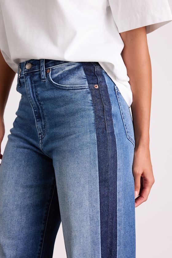 Far Out Medium Wash Striped Raw Hem Wide-Leg Jeans