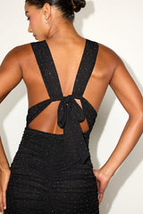 Kayuna Black Rhinestone Ruched Tie-Back Mini Dress