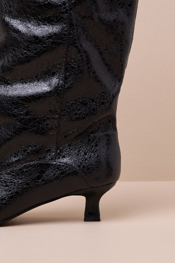 Alexandria Black Distressed Knee-High Kitten Heel Boots
