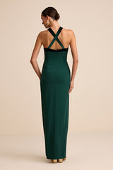 Bisian Green Velvet Bow Backless Apron Maxi Dress