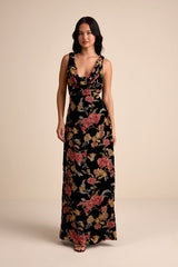 Prim Black Multi Floral Burnout Velvet Cowl Back Maxi Dress