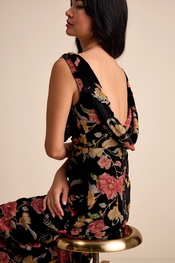 Prim Black Multi Floral Burnout Velvet Cowl Back Maxi Dress