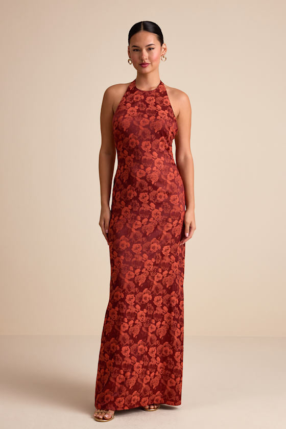 Alaria Rust Satin Jacquard Halter Neck Maxi Dress