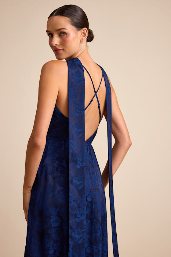Mahira Navy Satin Jacquard Surplice Sash Scarf Maxi Dress