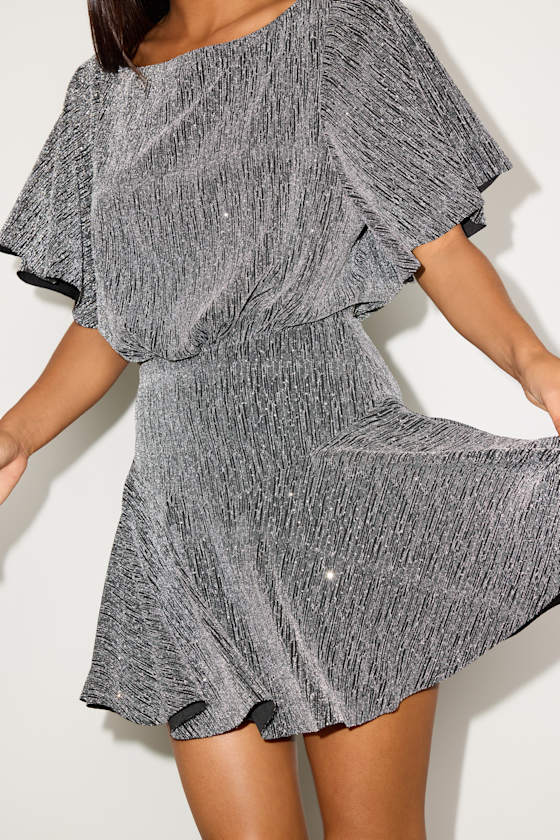 Olira Black and Silver Lurex Short Sleeve Skater Mini Dress