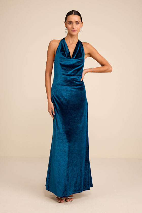 Elarina Blue Velvet Cowl Halter Mermaid Maxi Dress