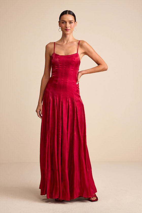 Zeline Berry Red Organza Pleated Drop Waist Maxi Dress