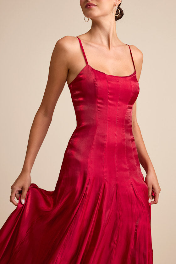 Zeline Berry Red Organza Pleated Drop Waist Maxi Dress