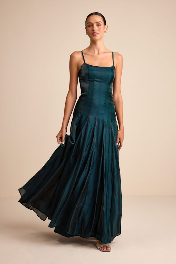 Zeline Dark Green Organza Pleated Drop Waist Maxi Dress