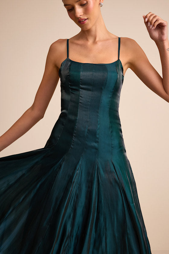 Zeline Dark Green Organza Pleated Drop Waist Maxi Dress